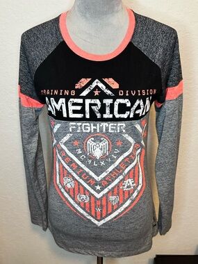American Fighter Buckle Long Sleeve Graphic Tee Gray Coral MMA Women’s M